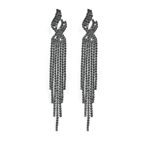 Long Rhinestone Tassel Statement Earrings for Women Bohemia Crystal Flower Leaf Dangle Earrings Minimalist Exaggerated Zircon Earrings Prom Jewelry (Black)