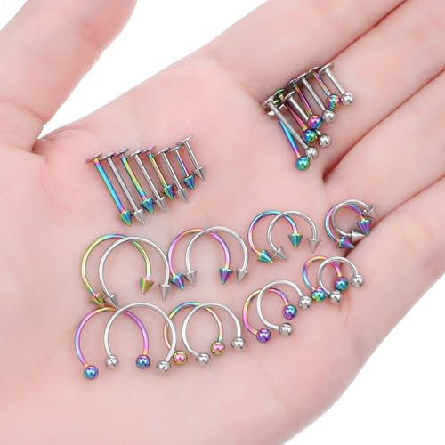 32Pcs Lip Rings for Women 16G Stainless Steel Horseshoe Labret Studs Monroe Lip Barbell Ring Snake Bite Piercing Jewelry Helix Earring Daith Tragus Cartilage Surgical Steel Jewelry - color: Iridescent + Silver