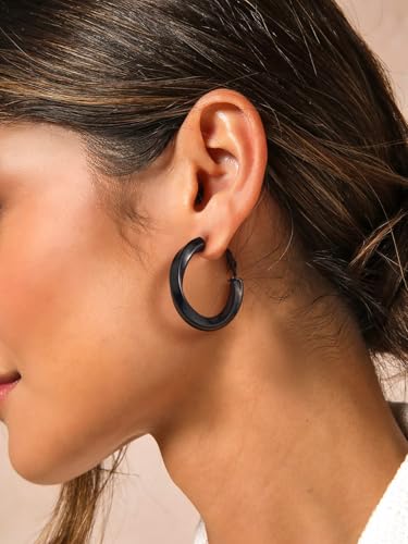 FindChic Twisted Hoop Earrings for Women, Silver/Black/14K Gold Plated Hypoallergenic Hollow Tube Rounded Loop Earrings, 30mm/40mm/60mm/80mm Hoops with Custom Name Options and Gift Box - color: a.Black, size: 30MM