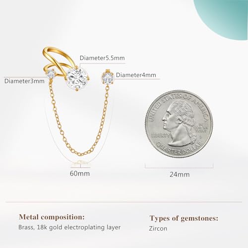 Cicy Bell Ear Cuff Earrings for Women Cubic Zirconia Stud Chain Earrings | 18k Gold Plated Clip On Climber earrings Non Piercing Waterproof Jewelry Gifts Birthday Party - color: Gold