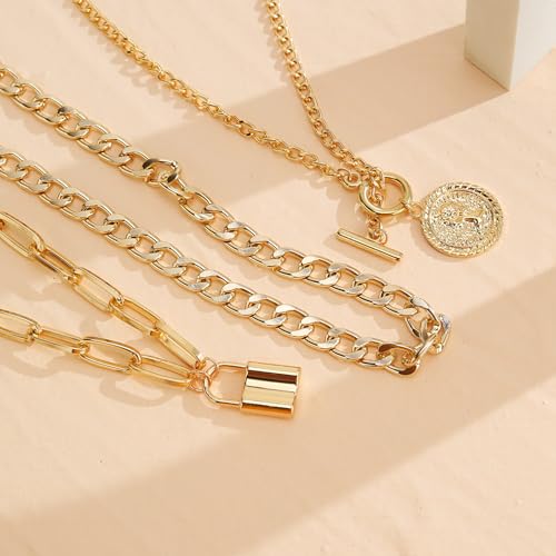 Gold Layered Necklaces for Women Chunky Stacked Necklaces for Women Trendy Retro Coin Pendant Necklace Womens Multilayer Chain Necklaces Fashion Jewelry Gifts - style: style 1