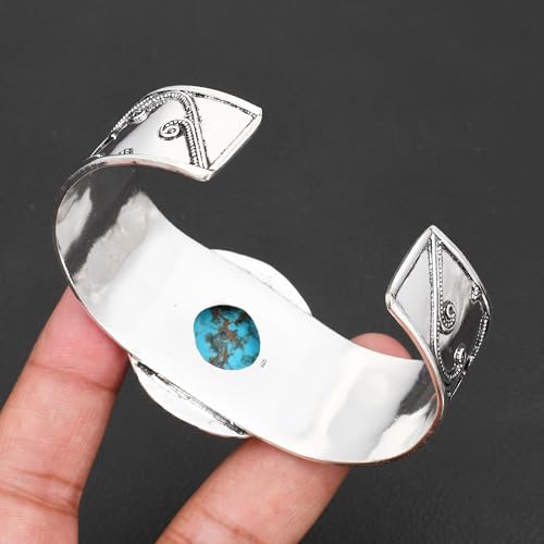 Silver Plated Statement Cuff Bangle Bracelet for Women – Handcrafted Wide Boho Bracelet with Natural Stone Inlay (Abalone Shell, Blue Turquoise, Malachite) Ideal Gift For Birthday Anniversaries Adjustable Fashion Jewelry - color: Round Shape Turquoise