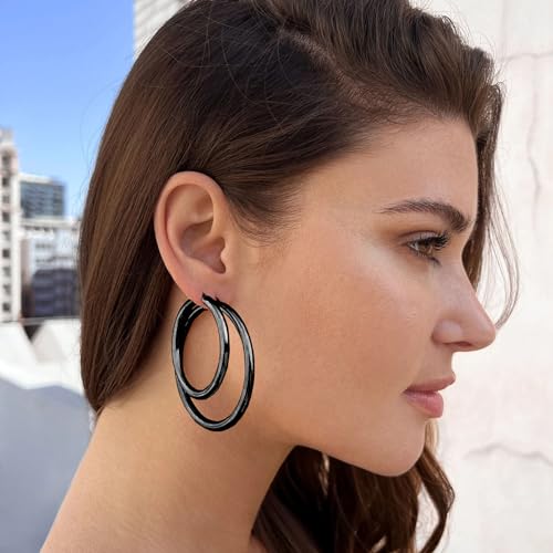 4mm Thick Gold Chunky Earrings Steling Silver Post Hoops Earrings For Women Hollow Tube Hoops Earrings Thick Gold Hoop Earrings Hypoallergenic Lightweight Gold Hoop Large Earrings 20/30/40/50/60MM - color: black,4*40mm