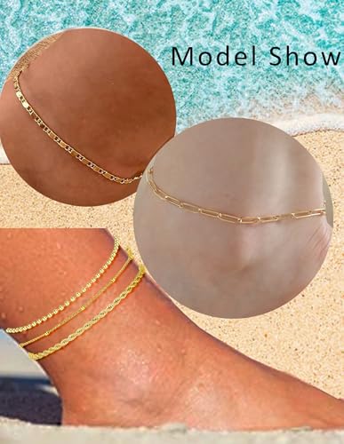 6PCS Ankle Bracelets for Women18K Gold Plated Stainless Steel Waterproof Layered Herringbone Figaro Bead Paperclip Rope Tennis Box Cuban Link Rolo Satellite Chain Anklets Set Gold Tone - style: B:Bead,Rope