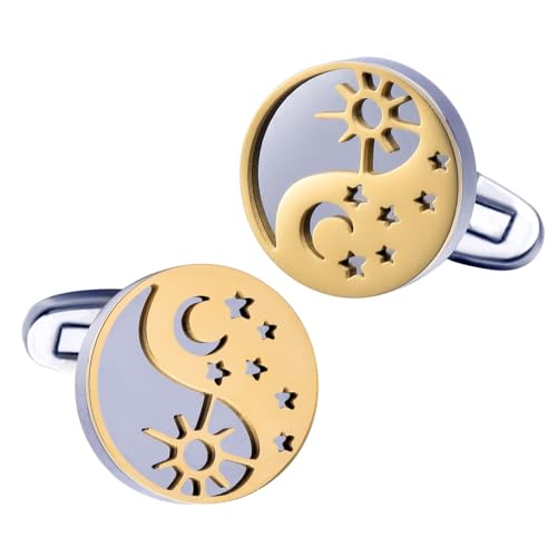 Gold Cufflinks Men, Cufflink Silver Stainless Steel Sun Moon Star Shirt Tuxedo Suit Cuff Links Women's Jewelry for Formal Event Wedding