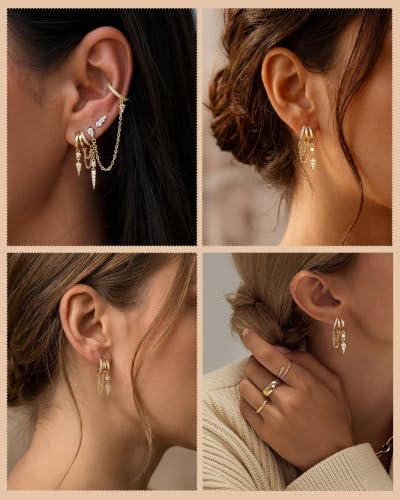 Dangle Gold Earrings for Women Trendy Triple Huggie Chain Earrings 14K Gold Plated Statement Cute Drop Dangle Earrings Dainty Hypoallergenic Chunky Hoop Earrings Fun Earring Stacks Jewelry - color: A-Spiked Chain Earrings