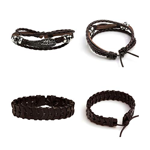 5 Pcs Braided Leather Bracelets for Men Women Woven Cuff Bracelet Adjustable - color: Brown