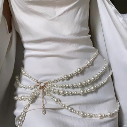 Bikini Multi-Layer Waist Belly Chain Pearl Belly Chain Layered Waist Body Chains Bikini Belly Jewelry Fashion Beach Rave Party Club Body Accessories Jewelry for Women - color: White