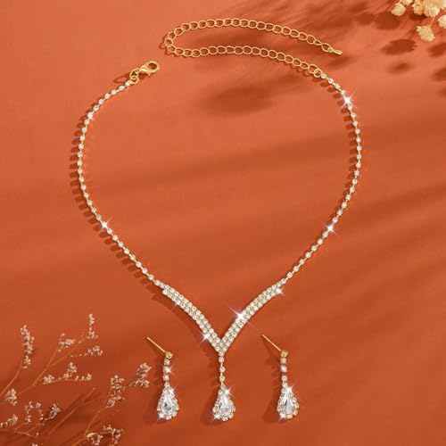 Bridal Wedding Jewelry Set Silver Rhinestone Necklace Earrings Sets Formal Costume Jewelry for Women and Brides - color: A-Gold