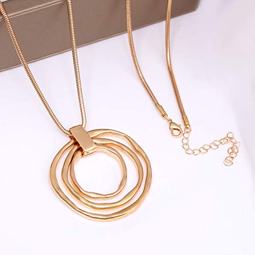 NVENF Long Sweater Chain Double Circle Pendant Necklace Bold Snake Chain Women Statement Necklace - color: E Gold triple