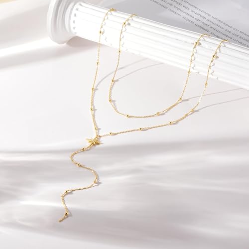 Lariat Gold Necklace for Women, Dainty Long Necklace 14k Gold Plated/Silver Y-Shaped Pendant Necklace Trendy Layered Cz Beaded Chain Drop Necklaces Simple Gold Jewelry for Women Gift - style: LC-2NK-24523-GDW
