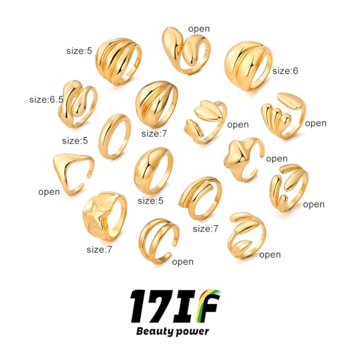 17IF 16 Pcs Chunky Gold Rings Set for Women, 14K Gold Plated | Classic Thick Adjustable Rings, Stackable Midi Finger Womens Stack Ring Pack for Jewelry Gifts - style: Golden-C