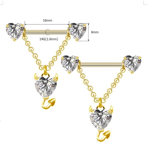 14G Devil Heart Dangle Nipple Rings for Women Girls Stainless Steel Sparkling CZ Love Heart Ball Chain Dangling Nipplerings Nipple Studs Piercing Barbell Body Jewelry - color: Gold