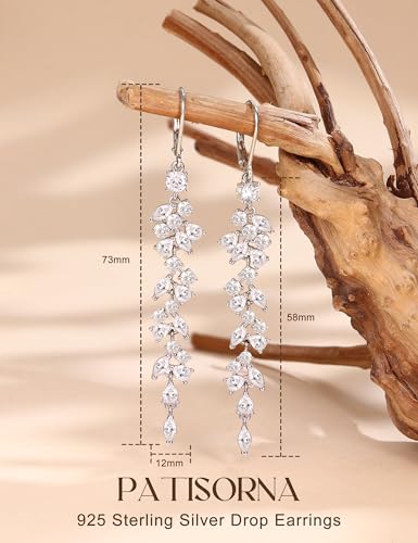 PATISORNA 925 Sterling Silver Dangle Earrings for Women Trendy Hypoallergenic White Gold Plated Leverback Drop Earrings Long Lightweight Statement Earring for Wedding Brides - color: Long CZ