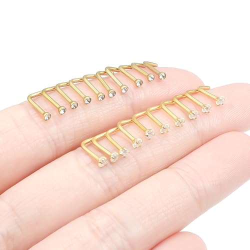 20Pcs Nose Rings Studs Surgical Steel L-Shape Nose Rings for Women 1.5mm 2mm Cubic Zirconia Nose Screw Studs Hypoallergenic Nose Piercings Jewelry 24g 22g 20g 18g - color: L-shape,goldtone, size: 18g,2mm CZ
