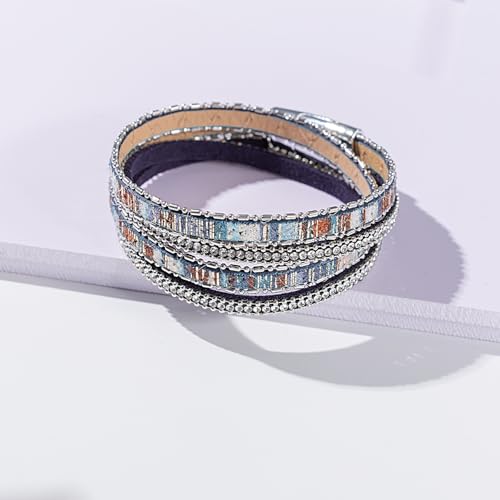 Boho Double Wrap Leather Bracelets Stackable Layered Western Hippie Jewelry | Colorful Stacked Bohemian Statement Chunky Magnetic Clasp Cuff Bangles Cowgirl Country Summer Beach Outfits for Women Trendy - color: Blue