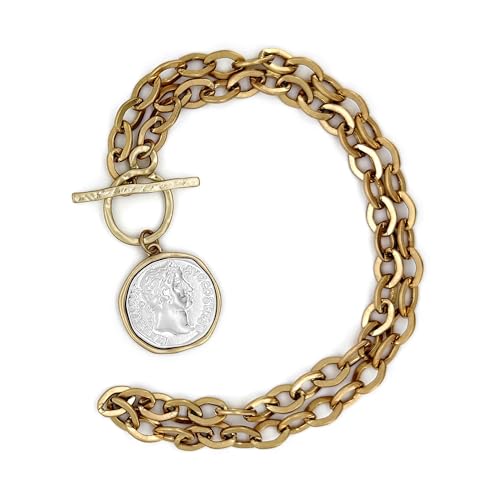 MISS SECRET Chunky Gold Necklaces for Women Coin Statement Necklace Antique Silver and Gold Chain Thick Toggle Pendant Trendy Fashion Jewelry - style: Worn Gold & Sliver-M