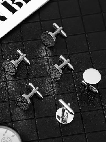 Newcotte 5 Pairs Cufflinks for Men Round Silver Cufflinks Mens Classic Stainless Steel Cuff Links Set for Wedding Gifts - color: Silver