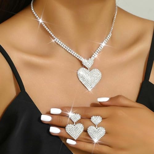 Crystal Heart Bridal Wedding Jewelry Set Silver Rhinestone Necklace Earrings Bracelet Sets Formal Costume Jewelry for Women and Brides - color: Silver Necklace Earrings