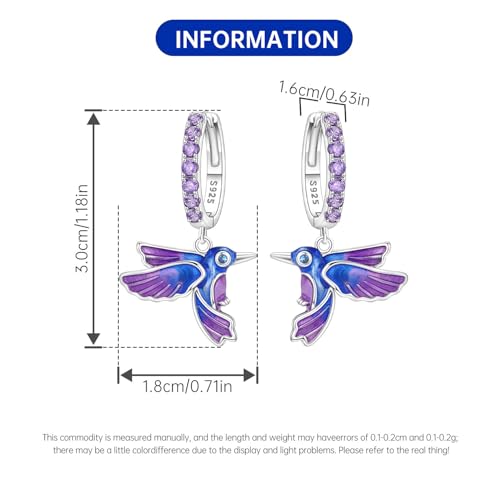 925 Sterling Silver Hoop Earrings Drop Dangle Earrings for Women Hypoallergenic Earring Trendy Huggie Earring Cute Graduation Birthday Gifts Jewelry for Women - color: Blue purple bird earrings