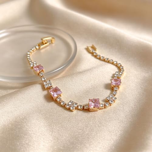 Women's Dainty Pink CZ Tennis Bracelet, 14K Gold Plated Sparkling Cubic Zirconia Chain Bracelet, Delicate Jewelry, Gift for Birthday, Wedding, Anniversary, Suitable for Party, Daily Wear - color: Pink