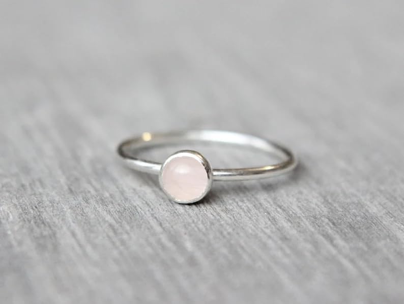 Solid 925 Sterling Silver Natural Rose Quartz Pink Round Gemstone Solitaire Stacking Band Handmade Women's Ring for Gift