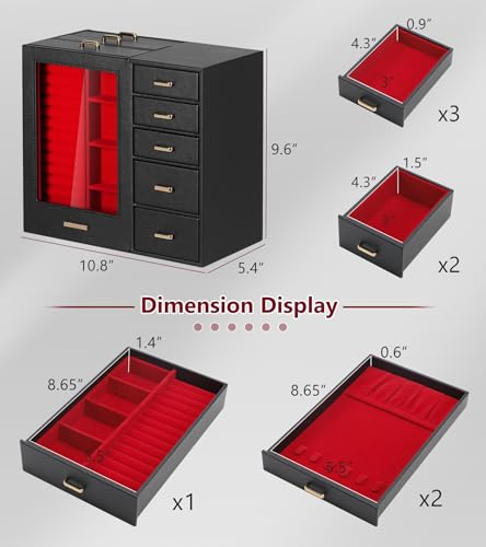 Homde Large Jewelry Box/Organizer/Case with Glass Window, Drawers for Necklaces Earrings Rings Bracelets Watches Gift for Women Girls - color: Black + Red+ Gold