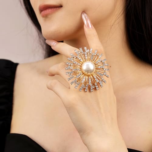Elegant Big Crystal Ring for Women Gold Stacking Pearl Rhinestone Flower Rings Open Finger Adjustable Crystal Statement Ring Jewelry for Bridal Wedding - color: Crystal 5