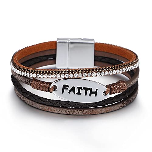 Bohemian Faux Leather Wrap Multi Layer Statement Bracelet Cross Christian Religious Leatherette Cuff Crystal Rhinestone Metallic Bead Inspirational Bracelets - color: H