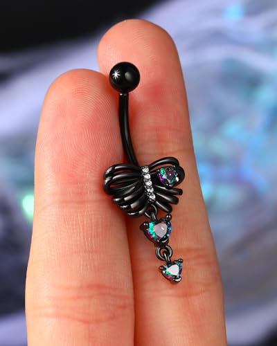 Black Skeleton Heart Belly Button Rings Dangle Halloween Navel Rings 14G Belly Piercing Jewelry Stainless Steel - color: VM CZ