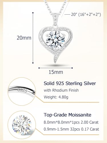 CYW Genuine Sapphire/Emerald/Ruby/Moissanite Necklace for Women, Really Authentic Solid 925 Sterling Silver, 16"/18"/20" Adjustable Chain, Anniversary Mother's Day Valentines Gift - color: Heart - White Gold, size: 8mm
