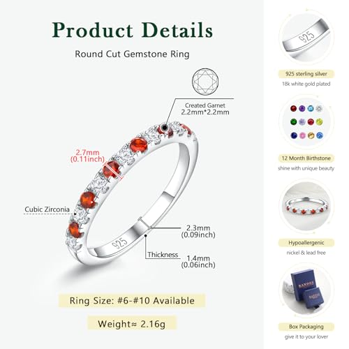 Birthstone Rings Eternity Band 925 Sterling Silver/Yellow Gold-Plated Created Gemstone Stackable Wedding Band 2.7mm Thin Half Eternity Rings for Women Size 6 to 10 - color: 01-Garnet-Jan.