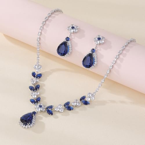 OIDIMS Elegant Teardrop Flower Leaf Wedding Bridal Jewelry Set for Women Ladies Cubic Zirconia Pendant Choker Necklace Drop Dangle Earring Fashion Evening Party Formal Costume Accessories Jewelry - color: Blue