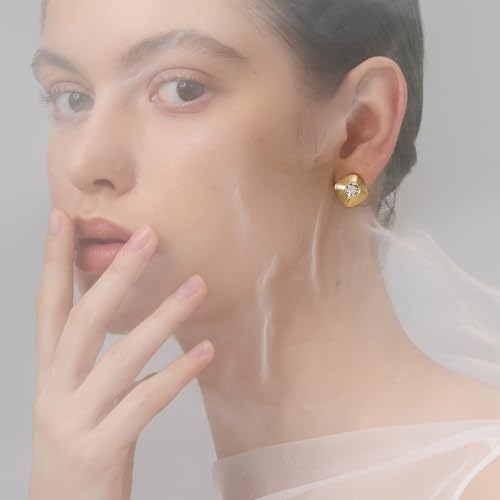 18K Gold Plated Huggie Hoop Earrings for Women, 925 Sterling Silver Post, Hypoallergenic Small Earrings - color: Square Ribbed Crystal Stud Earrings