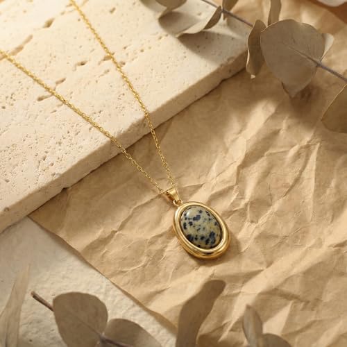 Colorful Natural Stone Necklaces for Women Trendy 14K Gold Plated Oval Gemstone Pendant Statement Necklace Jewelry Gifts for Women - color: White and Black