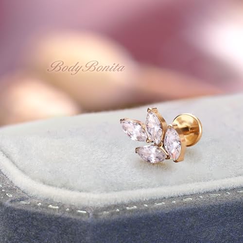 G23 Titanium 16G Tragus Conch Piercing Jewelry Flat Back Stud Earrings | Hypoallergenic CZ Nose Dangle Helix Medusa Lip Labret Body Piercing Jewelry, 14K Gold Plated, Silver, 6 and 8 mm Post Length - color: Radiant Vine-14K Gold
