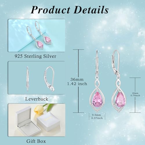 Infinity Teardrop Earrings 925 Sterling Silver Dangle Drop Leverback Earrings Birthstone Jewelry for Women - color: Pink