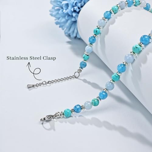 Beaded Necklaces for Women 3Pcs Colorful Boho Gemstone Bead Choker Summer Natural Stone Surfer Beach Bead Necklace Bracelets Earring Set Handmade Jewelry for Women Gift Jewelry Sets - color: Blue