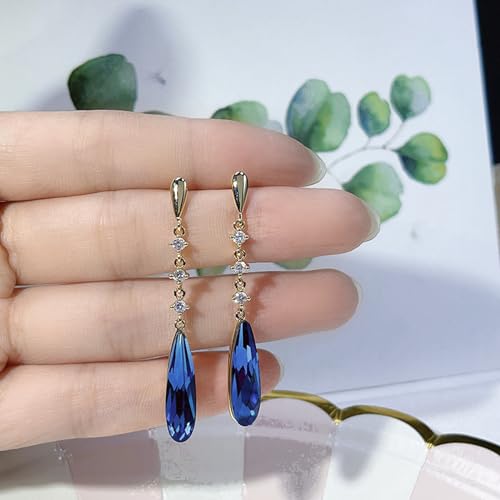 VONSSY Austrian Crystal Teardrop Drop Dangle Earrings Gold Plated Silver Post Zircon Gemstone Jewelry Gift for Woman Girlfriend Mom Wife - color: Sappire Blue