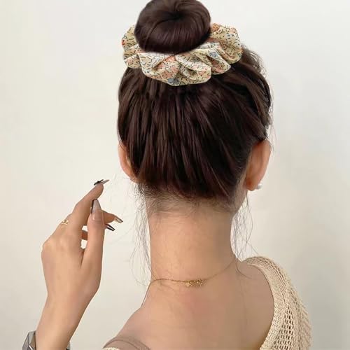 6 PACK Hair Scrunchies, Hair Elastics Bands Floral Hair Scrunchie, Elastic Rubber Bands Chiffon Hair Scrunchies for Thick Curly Hair Flower Hair Ties Hair for Women Girls