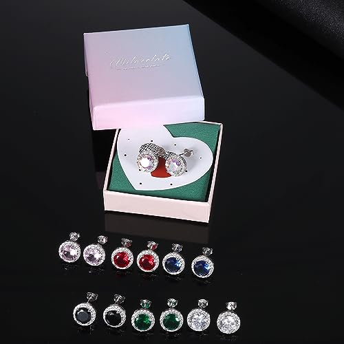 MILACOLATO Cubic Zirconia Stud Earrings 18K White Gold Plated Sterling Silver Post Birthstone Earrings 10MM Round Simulated Diamond Halo Studs Dance Competition Earrings for Women Hypoallergenic, Clear CZ