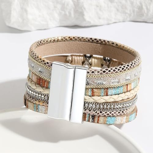 Fesciory Leather Wrap Bracelet for Women, Boho Western Layered Cuff Jewelry | Stackable Bracelets, Easy-On Clasp, Daily Wear, Pairs with Boho Western Outfits, Gift for Women - color: Khaki4