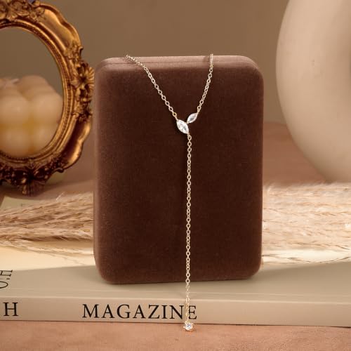 LuckFairy Lariat Necklace for Women,Dainty Gold Long Necklaces 14k Gold Plated CZ Lips Bead Y-Shaped Drop Chain Necklace Simple Gold Layered Necklaces for Women Trendy Gold Jewelry Gifts for Women - color: LEAF CZ