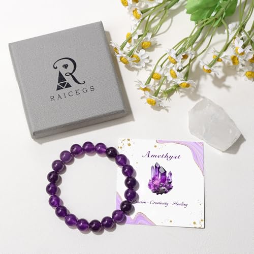 Raicegs 4 6 8MM Beaded Bracelets Healing Crystal Bracelet for Women Men Natural Stone Handmade Stretch Bracelet Reiki Spiritual Jewelry - color: Amethyst, size: 10mm