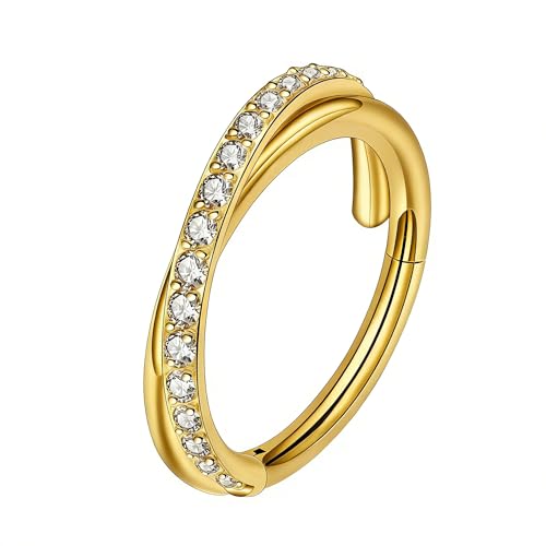 HQLA 16G Nose Hoop Ring Septum Ring Clear CZ Daith Earring Surgical Steel Hinged Segment Seamless Clicker Tragus Rook Helix Cartilage Conch Hoop Piercing Jewelry for Women men 8mm 10mm - style: 16G-8MM-Doul Hoop-Gold