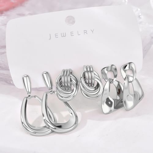 Chunky Gold Earrings For Women Trendy Statement Gold Plated Flower Shell Knot Dangle Earrings Lightweight Hypoallergenic Fashion Jewelry Set - color: Silver
