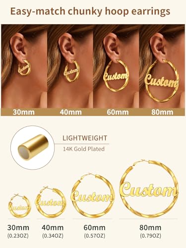 FindChic Twisted Hoop Earrings for Women, Silver/Black/14K Gold Plated Hypoallergenic Hollow Tube Rounded Loop Earrings, 30mm/40mm/60mm/80mm Hoops with Custom Name Options and Gift Box - color: f.Gold (Custom Name), size: 60MM