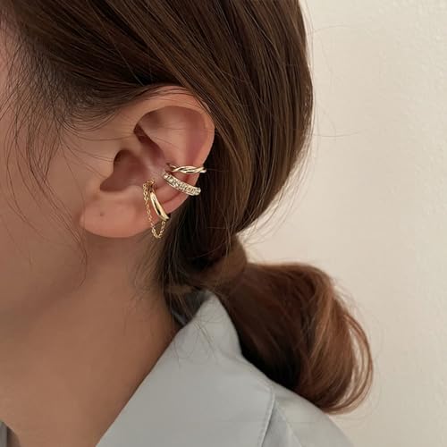 3Pcs Ear Cuffs Non Piercings for Women, Trendy Cubic Zirconia Gold Silver Clip On Cuff Earrings Set Jewelry Dainty Fake Cartilage Earring - color: Gold Chain