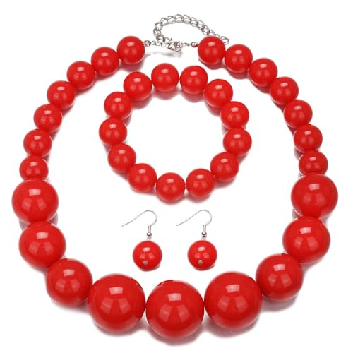 Colorful Round Beaded Earrings Neacklace Set Retro Imitation Pearls Beaded Bracelet Geometric Acrylic Beads Dangle Earrings 70s 80s Exaggerated Necklace Bracelet Jewelry - color: Red