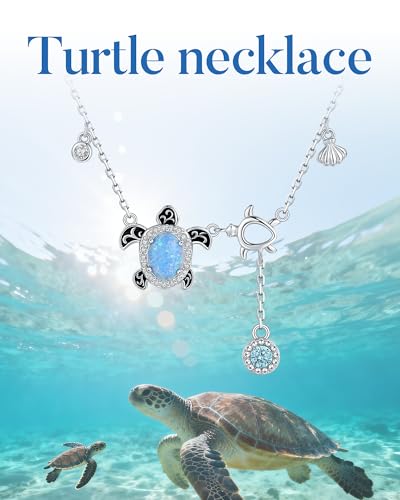 925-Sterling-Silver Sea Turtle Necklace for Women - Opal Turtle Pendant with Shell Bithday Mother's Day Christmas Ocean Theme Jewelry gift for Mom and Daughter